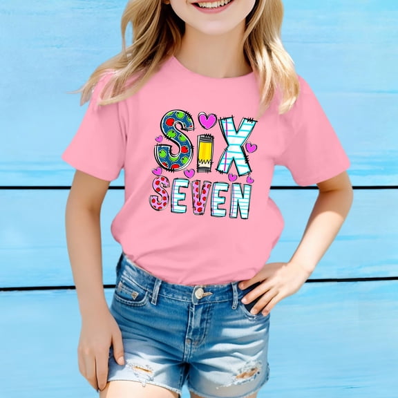 YMNXA Big Kids Girls Boys T Shirt Short Sleeve Round Neck Six Seven Print Comfortable Soft Tee Top For Casual Daily Wear Pink 2-3 Years