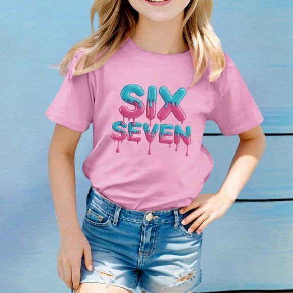YMNXA Big Kids Girls Boys T Shirt Short Sleeve Round Neck Six Seven Print Comfortable Soft Tee Top For Casual Daily Wear Pink 8-9 Years