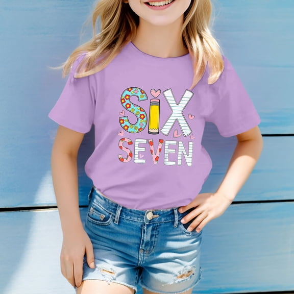 YMNXA Big Kids Girls Boys T Shirt Short Sleeve Round Neck Six Seven Print Comfortable Soft Tee Top For Casual Daily Wear Purple 2-3 Years
