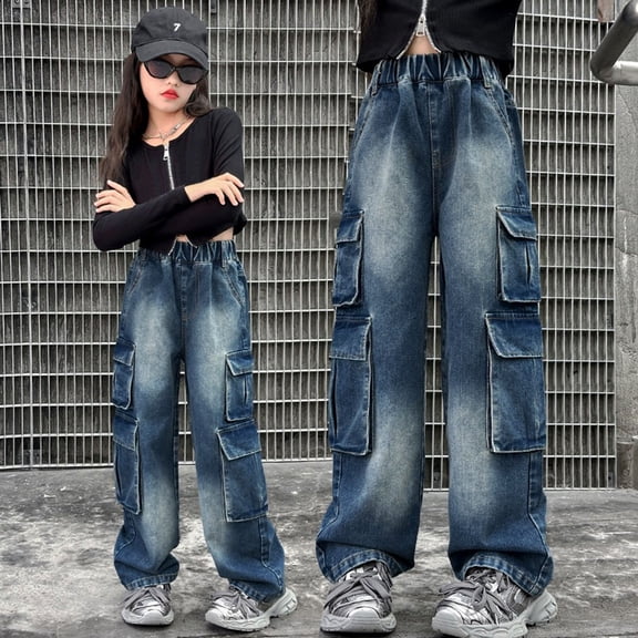 YMNXA Big Kids Girls Cargo Denim Pants With Pocket Wide Leg Elastic Waist Stylish Loose Fit Trousers For Daily Wear Blue 5-6 Years