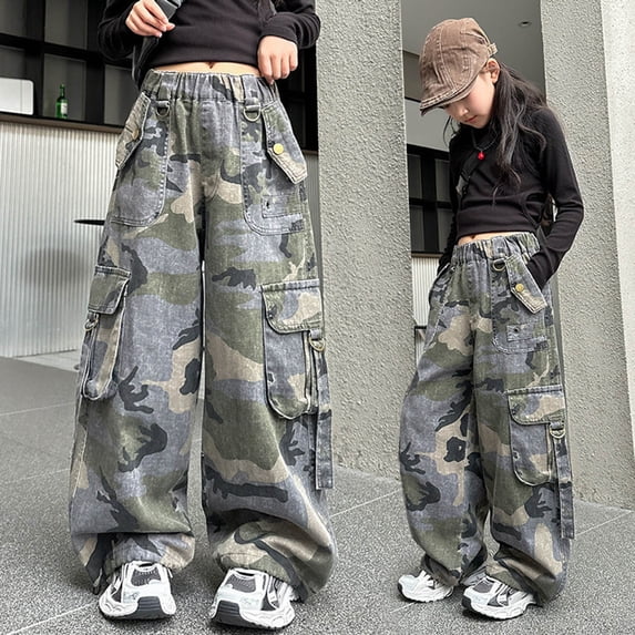 YMNXA Big Kids Girls Cargo Jogger Pants Elastic Waist Wide Leg Camouflage Print Loose Fit Fashion Trousers With Pockets Streetwear For Casual Daily Wear,Camouflage,5-6 Years