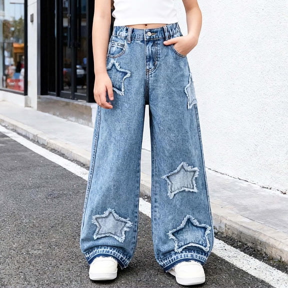 YMNXA Big Kids Girls Casual Denim Pants High Waist Star Embroidery Wide Leg Comfortable Fashion Trousers For Casual Daily Wear Blue 9-10 Years