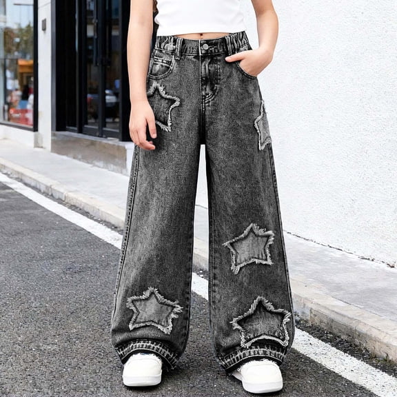 YMNXA Big Kids Girls Casual Denim Pants High Waist Star Embroidery Wide Leg Comfortable Fashion Trousers For Casual Daily Wear Grey 9-10 Years
