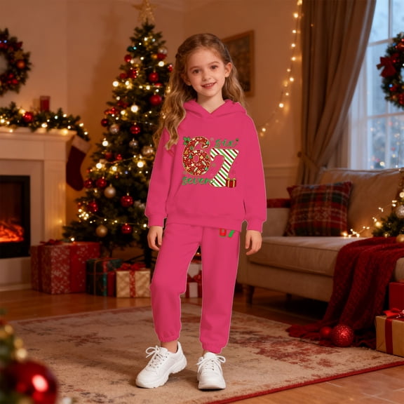 YMNXA Big Kids Girls Christmas Outfit Winter Warm 67 Print Hoodies And Pants Casual Cute Two Piece Xmas Sets For Daily Wear Hot Pink 2-3 Years