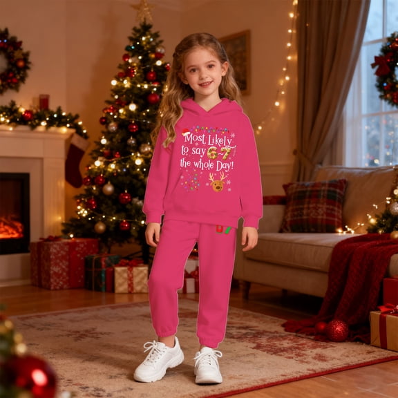 YMNXA Big Kids Girls Christmas Outfit Winter Warm 67 Print Hoodies And Pants Casual Cute Two Piece Xmas Sets For Daily Wear Hot Pink 2-3 Years