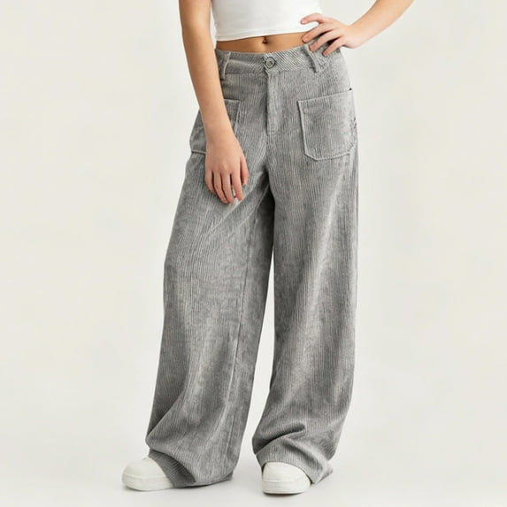 YMNXA Big Kids Girls Corduroy Casual Pants High Waist Wide Leg Straight Fit Solid Color Loose Fit Comfortable Trousers With Pockets For Daily Wear,Grey,5-6 Years