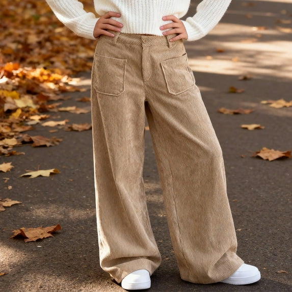 YMNXA Big Kids Girls Corduroy Casual Pants High Waist Wide Leg Straight Fit Solid Color Loose Fit Comfortable Trousers With Pockets For Daily Wear,Khaki,9-10 Years