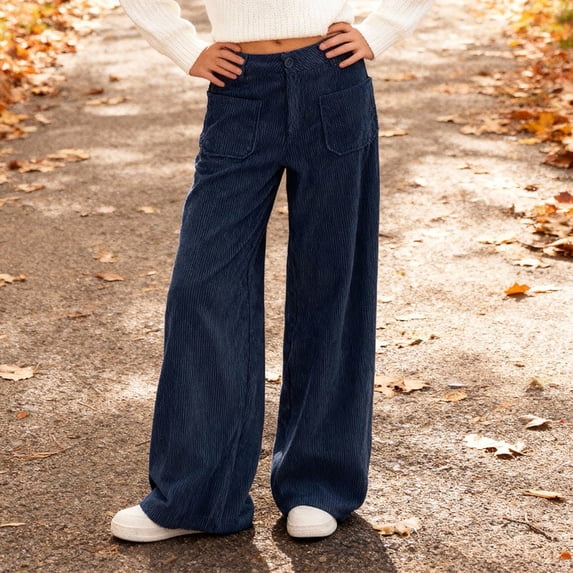 YMNXA Big Kids Girls Corduroy Casual Pants High Waist Wide Leg Straight Fit Solid Color Loose Fit Comfortable Trousers With Pockets For Daily Wear,Navy,5-6 Years