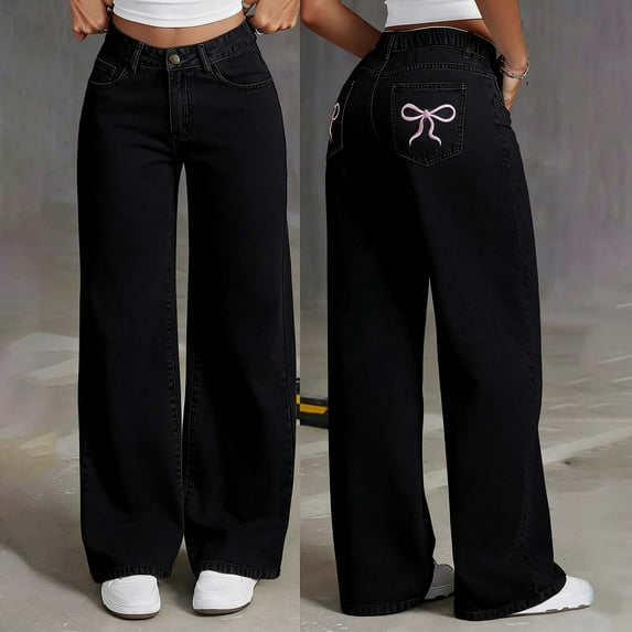 YMNXA Big Kids Girls Denim Pants Elastic Waist Straight Fit Bow Embroidery Loose Fit Fashion Trousers With Pockets Streetwear For Casual Daily Wear,Black,9-10 Years