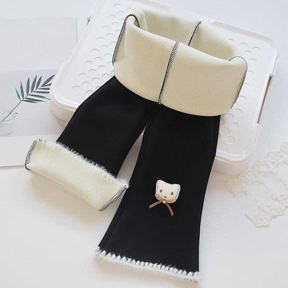 YMNXA Big Kids Girls Flared Pants Elastic Waist Plush Warm Trousers Stylish Casual Bottoms Leggings For Cold Weather Daily Wear Black 4-5 Years