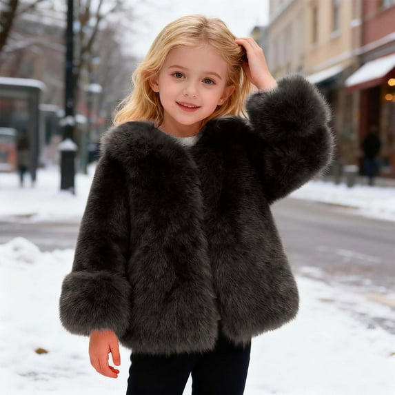 YMNXA Big Kids Girls Fuzzy Coat Long Sleeve Solid Color Warm Soft Thickened Jacket For Cold Weather Daily Wear Black 2-3 Years