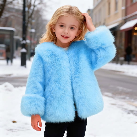 YMNXA Big Kids Girls Fuzzy Coat Long Sleeve Solid Color Warm Soft Thickened Jacket For Cold Weather Daily Wear Blue 3-4 Years