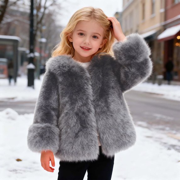 YMNXA Big Kids Girls Fuzzy Coat Long Sleeve Solid Color Warm Soft Thickened Jacket For Cold Weather Daily Wear Grey 3-4 Years
