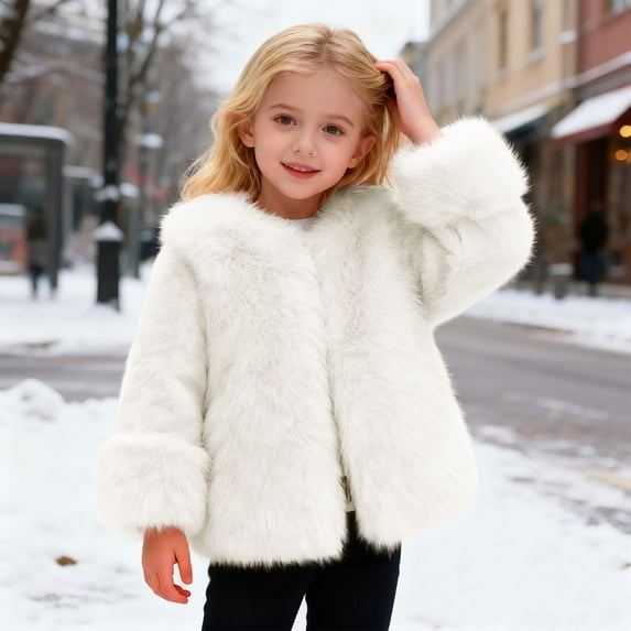 YMNXA Big Kids Girls Fuzzy Coat Long Sleeve Solid Color Warm Soft Thickened Jacket For Cold Weather Daily Wear White 2-3 Years