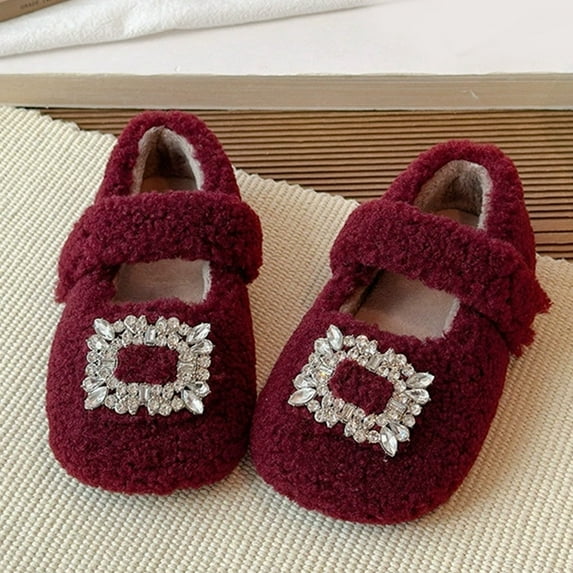 YMNXA Big Kids Girls Fuzzy Slippers Rhinestone Design Soft Sole Non Slip Warm Comfortable Shoes For Indoor Wear Wine 3.5-4 Years