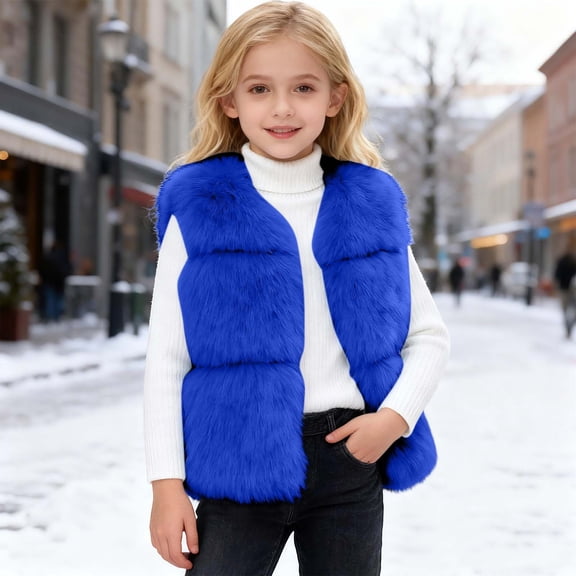 YMNXA Big Kids Girls Fuzzy Vest Sleeveless Solid Color Thickened Thermal Soft Fashion Jacket Coat For Cold Weather Daily Wear Blue 3-4 Years