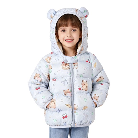 YMNXA Big Kids Girls Hooded Coat With Pocket Cartoon Print Long Sleeve Zipper Lightweight Windproof Warm Down Jacket For Cold Weather Daily Wear Grey 6-12 Months