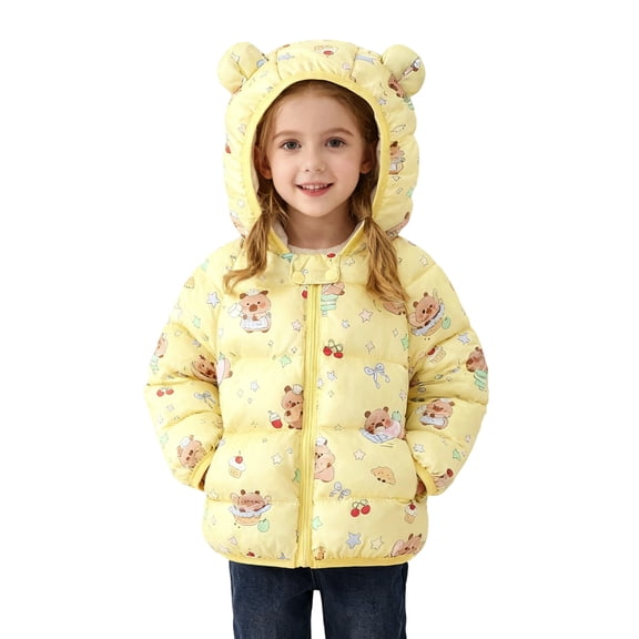 YMNXA Big Kids Girls Hooded Coat With Pocket Cartoon Print Long Sleeve Zipper Lightweight Windproof Warm Down Jacket For Cold Weather Daily Wear Yellow 2-3 Years