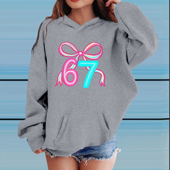 YMNXA Big Kids Girls Hoodies With Pocket Long Sleeve Bow Print Loose Fit Comfortable Sweatshirt For Daily Wear Grey 1-2 Years