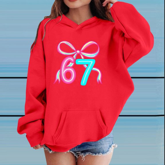 YMNXA Big Kids Girls Hoodies With Pocket Long Sleeve Bow Print Loose Fit Comfortable Sweatshirt For Daily Wear Red 1-2 Years