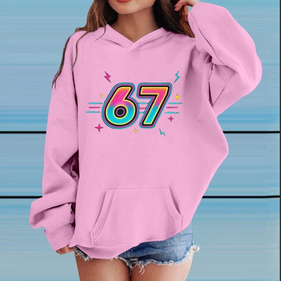 YMNXA Big Kids Girls Hoodies With Pocket Long Sleeve Six Seven Print Loose Fit Comfortable Sweatshirt For Daily Wear Pink 1-2 Years