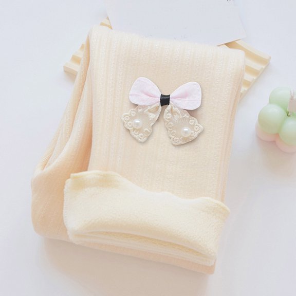 YMNXA Big Kids Girls Leggings Elastic Waist Bow Design Plush Lined Warm Thermal Tights Bottoms For Cold Weather Daily Wear Beige 1-2 Years