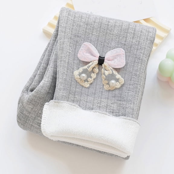 YMNXA Big Kids Girls Leggings Elastic Waist Bow Design Plush Lined Warm Thermal Tights Bottoms For Cold Weather Daily Wear Grey 1-2 Years