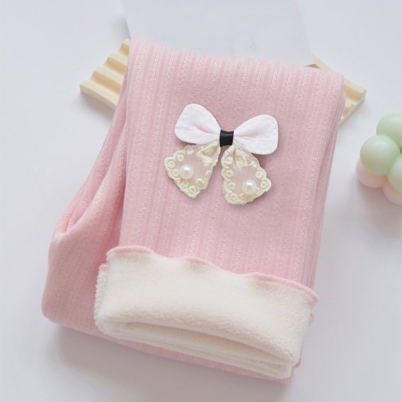 YMNXA Big Kids Girls Leggings Elastic Waist Bow Design Plush Lined Warm Thermal Tights Bottoms For Cold Weather Daily Wear Red 5-6 Years