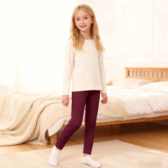 YMNXA Big Kids Girls Leggings Elastic Waist Solid Color Soft Stretch Plush Lined Thickened Thermal Tights For Casual Daily Wear Brick Red 3-4 Years