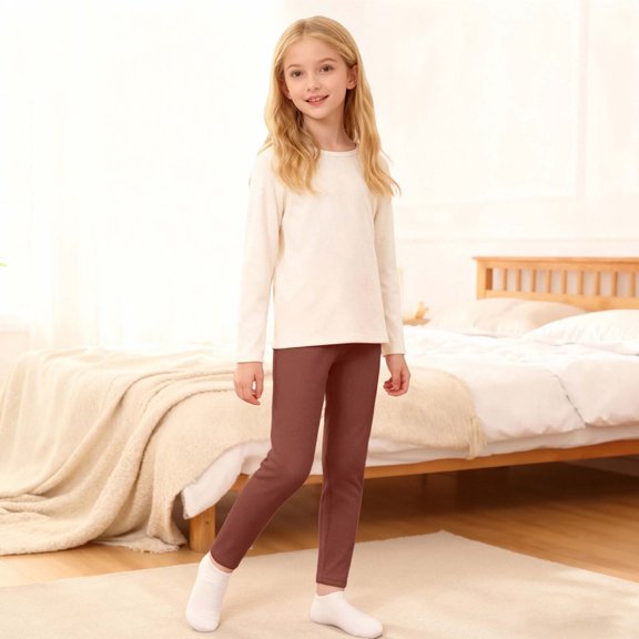 YMNXA Big Kids Girls Leggings Elastic Waist Solid Color Soft Stretch Plush Lined Thickened Thermal Tights For Casual Daily Wear Coffee 3-4 Years