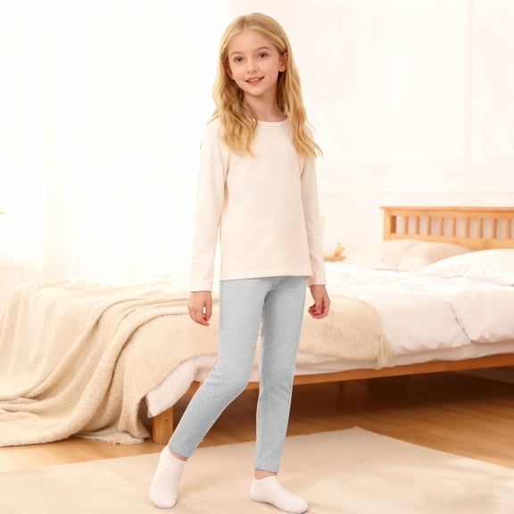 YMNXA Big Kids Girls Leggings Elastic Waist Solid Color Soft Stretch Plush Lined Thickened Thermal Tights For Casual Daily Wear Light Gray 3-4 Years