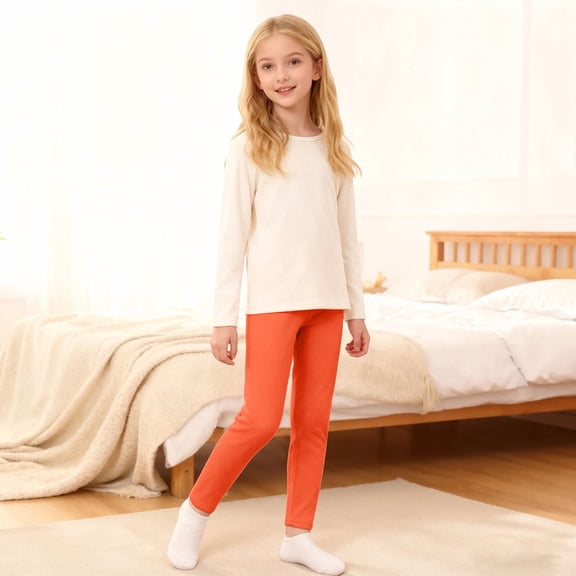 YMNXA Big Kids Girls Leggings Elastic Waist Solid Color Soft Stretch Plush Lined Thickened Thermal Tights For Casual Daily Wear Orange 3-4 Years
