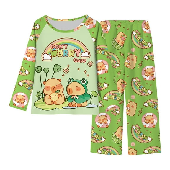 YMNXA Big Kids Girls Pajama Sets Cute Animal Print Long Sleeve Tops And Pants Soft Comfortable Outfit Loungewear For Indoor Outdoor Wear Green 2-3 Years