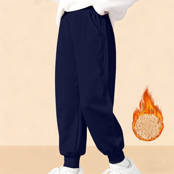 YMNXA Big Kids Girls Pants With Pockets Elastic Waist Solid Color Plush Warm Soft Trousers For Casual Daily Wear Navy 4-5 Years