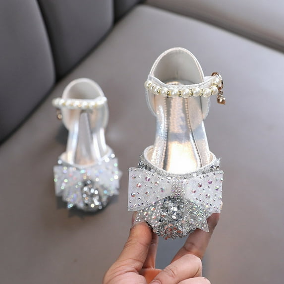 YMNXA Big Kids Girls Summer Sandals Low Heel Non Closed Toe Hook And Loop Rhinestone Bow Design Comfortable Fashion Dance Shoes For Wedding Party,Silver,10.5-11Years