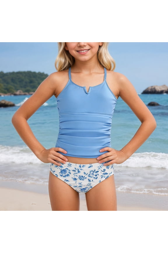 Big Kids Girls Swimsuits Sleeveless Coconut Tree Print Bikinis Comfortable Fashion Swimwear For Holiday Vacation Beach Sky Blue 11-12 Years