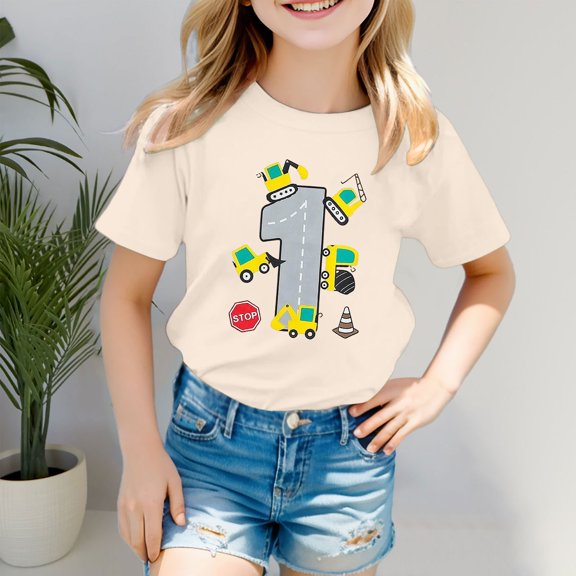 YMNXA Big Kids Girls T Shirt Short Sleeve Crew Neck Cartoon Print Fashion Comfortable Soft Top For Casual Daily Wear Beige 8-9 Years