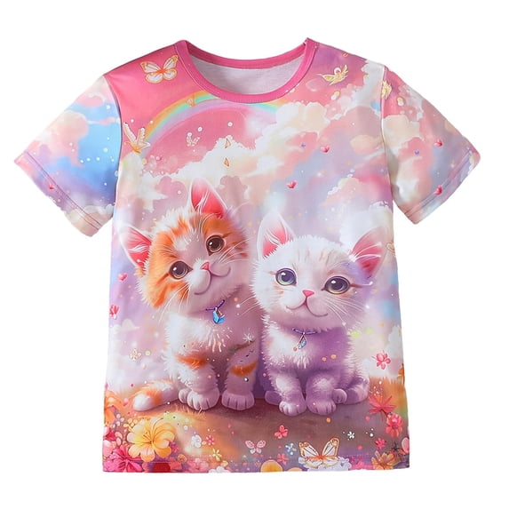 YMNXA Big Kids Girls T Shirts Short Sleeve Round Neck Cartoon Cat Print Comfortable Soft Top For Daily Wear Pink 2-3 Years