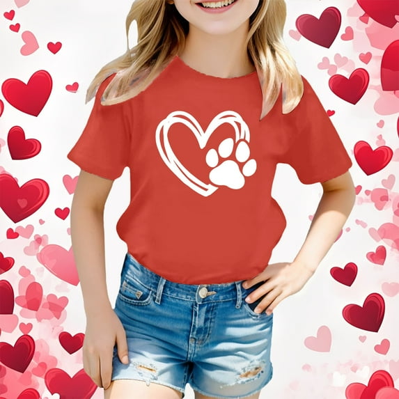 YMNXA Big Kids Girls T Shirts Short Sleeve Round Neck Love Heart Print Comfortable Breathable Top For Everyday Wear Watermelon Red 3-4 Years
