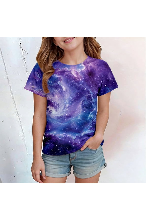 Big Kids Girls T Shirts Short Sleeve Round Neck Star Print Comfortable Breathable Top For Everyday Wear Navy 6-7 Years