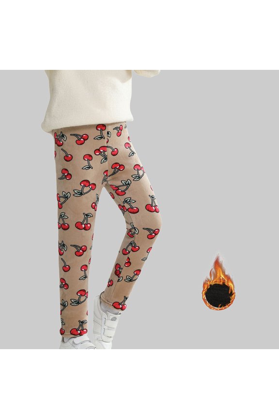 Big Kids Girls Thermal Leggings Cherry Floral Pattern Print Comfortable Warm Base Layer Pants For Daily Wear Khaki 8-9 Years