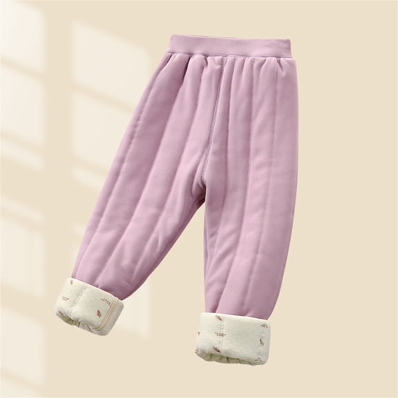 YMNXA Big Kids Girls Thermal Pants High Waist Solid Color Plush Lined Warm Comfortable Trousers For Casual Daily Wear Light Purple 4-5 Years