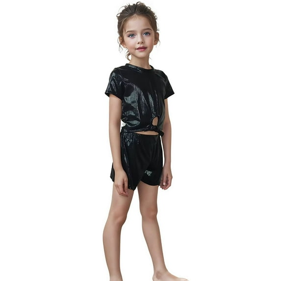 YMNXA Big Kids Girls Top Short Sleeve Round Neck Solid Color Comfortable Fashion Tee For Stage Performance And Casual Wear Black 10-12 Years