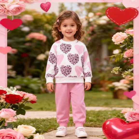 YMNXA Big Kids Girls Valentines Day Two Piece Outfits Leopard Print Heart Pattern Long Sleeve Sweatshirt And Jogger Pants Cute Casual Sets For Daily Wear Red 9-12 Months