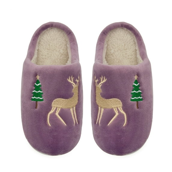 YMNXA Big Kids Girls Winter Slippers Reindeer Embroidery Flat Sole Plush Warm Soft Casual Comfortable Shoes For Indoor Wear Purple 3.5-4 Years