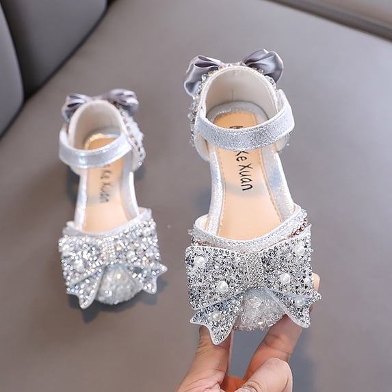 YMNXA Children Baby Girls Sandals Pearl Rhinestones Shining Soft Sole Flat Sole Non Closed Toe Comfortable Fashion Performance Dance Shoes For Party Wedding,Silver,10.5-11 Years