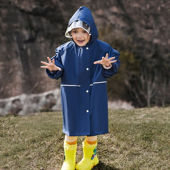 YMNXA Children Girls Boys Raincoat With Hood Solid Color Long Sleeve Waterproof Windproof Buttons Pocket Lightweight Breathable Rain Wear,Navy,4-6 Years