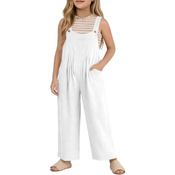 YMNXA Children Kids Girls Summer Romper Sleeveless Suspenders Solid Color Comfortable Fashion Jumpsuit With Pocket For Everyday Wear,White,9-10 Years