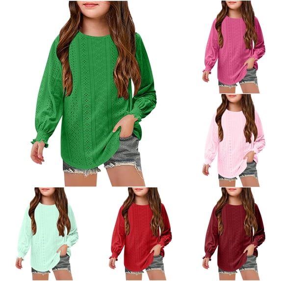 YMNXA Children Kids Girls T Shirt Long Sleeve Round Neck Solid Color Hollow Out Comfortable Breathable Loose Fit Tee Top For Daily Wear,Green,8-10 years