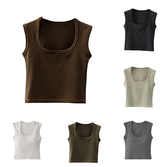 YMNXA Childrens Girls Tank Top Sleeveless Square Neck Solid Color Summer Fashion Basic Ribbed Knit Comfortable Crop Top For Daily Wear,Coffee,16 years
